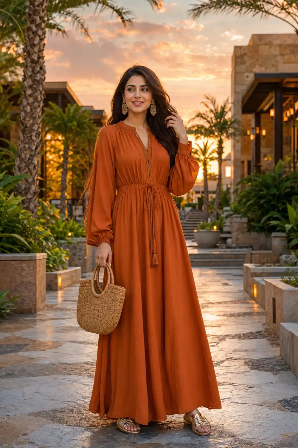 Woman wearing a flowing burnt orange maxi dress with gold sandals, statement earrings, and a woven handbag while standing in a luxury tropical resort during a golden sunset surrounded by palm trees.