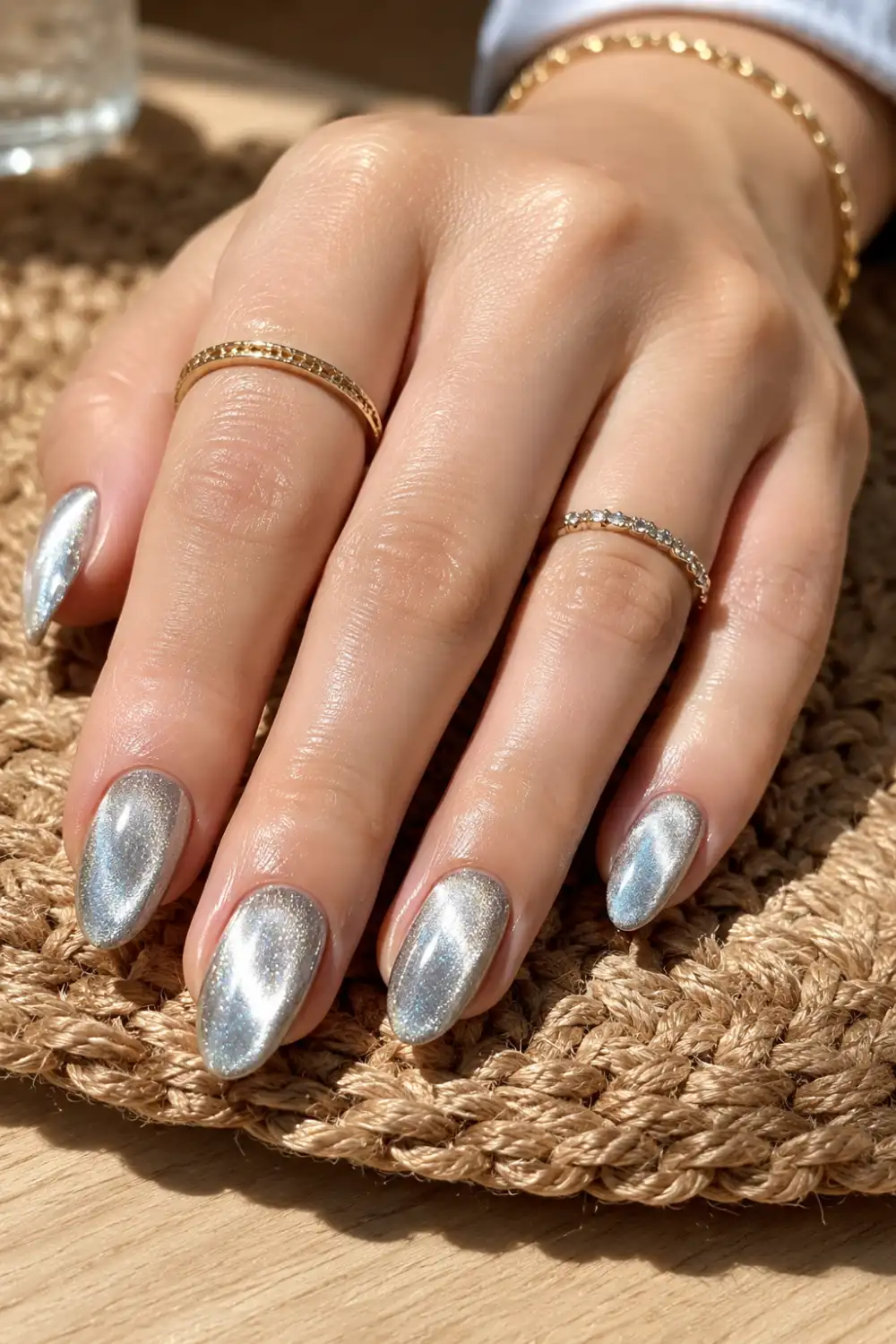 Silver ice cat eye nails with metallic reflective shimmer on almond-shaped nails, photographed on a feminine hand with delicate rings and warm natural sunlight.