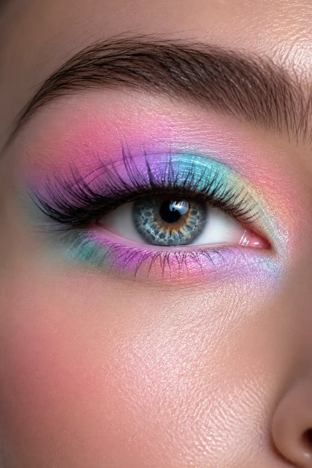 Pastel rainbow eye makeup featuring soft pink, lavender, baby blue, mint green, and peach eyeshadow blended seamlessly with subtle shimmer accents, long lashes, glowing skin, and dreamy beauty aesthetic.