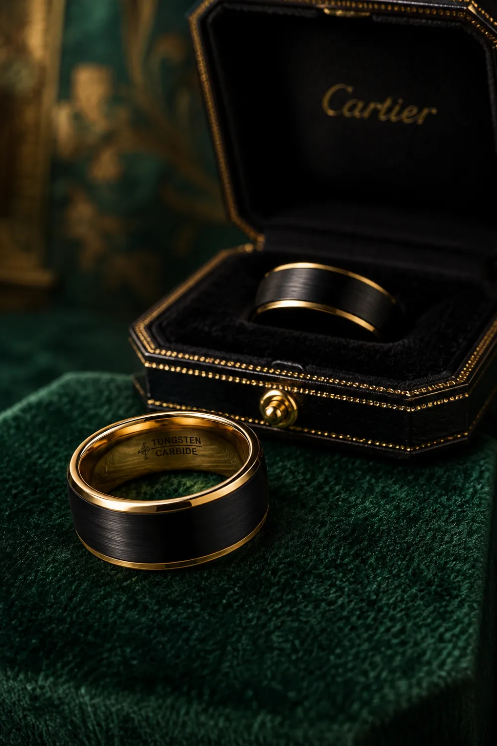 Black and gold tungsten wedding band featuring brushed black exterior, polished gold edges, luxury men's wedding ring display, premium velvet ring box, modern groom jewelry inspiration.