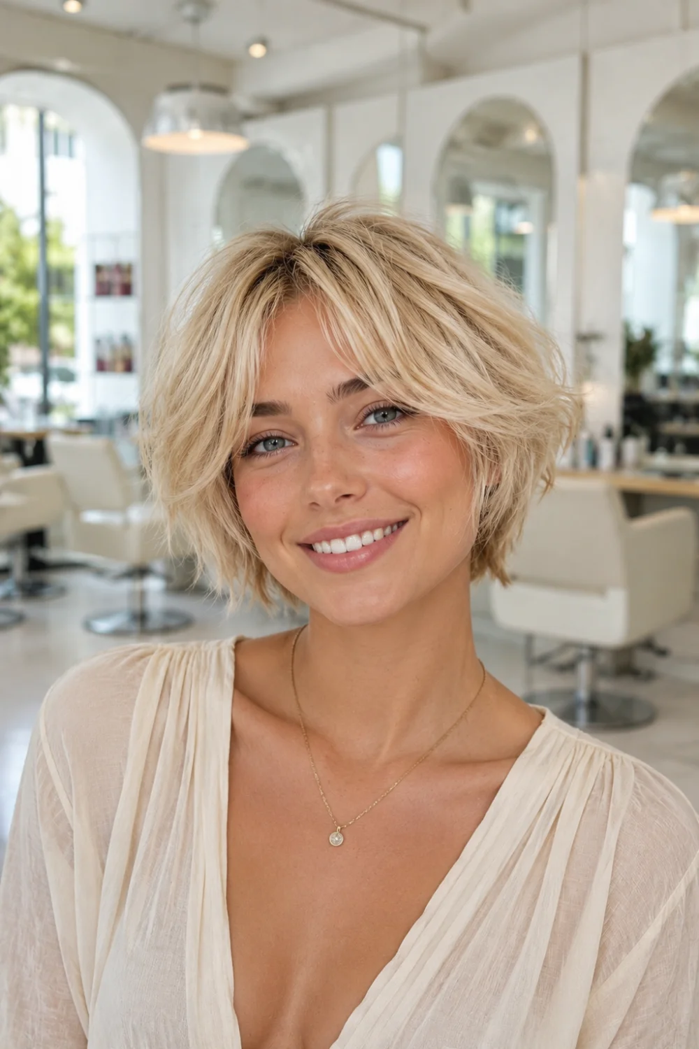 Woman with a Cloud Blonde Bixie haircut featuring fluffy layers, airy blonde texture, lightweight volume, and a soft salon finish, inspired by one of the most popular Summer 2026 hairstyle trends.