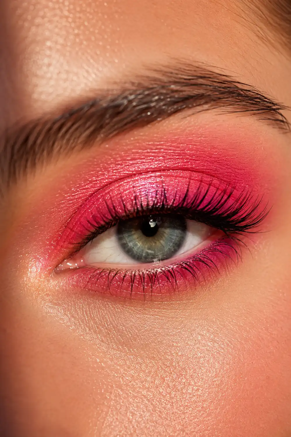 Bright watermelon pink eye makeup featuring vivid pink eyeshadow, flawless blending, long lashes, radiant skin, and bold summer beauty inspiration for colorful makeup lovers.