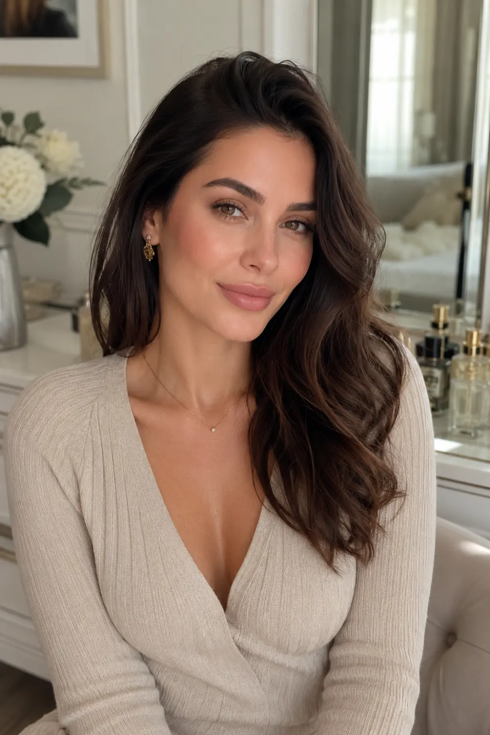 Elegant woman wearing soft glam natural makeup with radiant skin, softly defined eyes, nude lips, and flawless everyday beauty styling while seated in a sophisticated luxury dressing room with warm lighting.