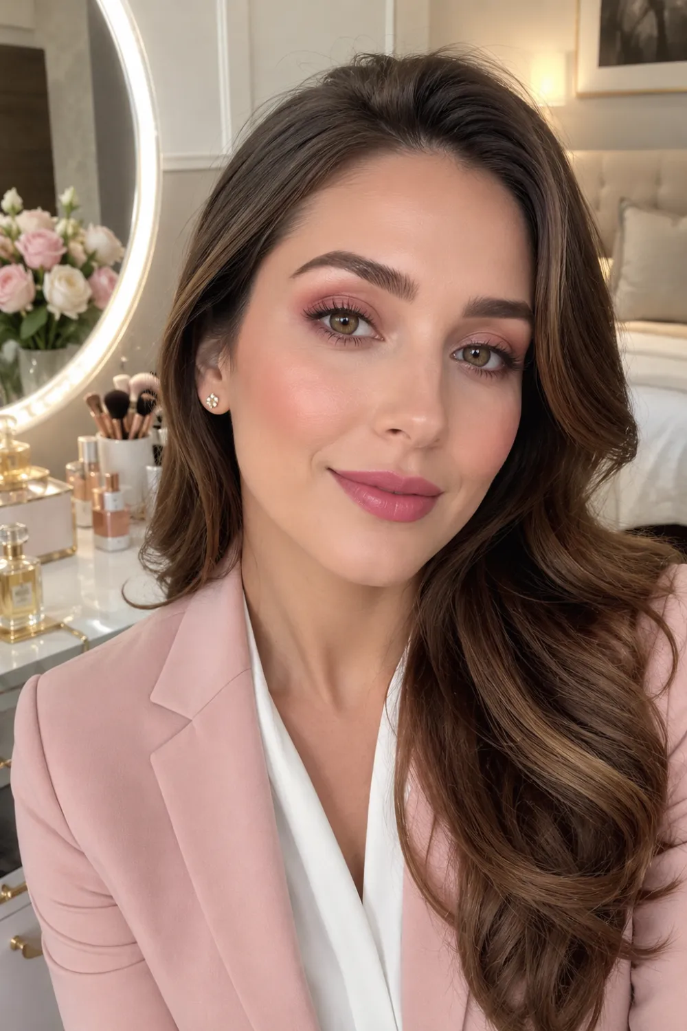 Beautiful woman wearing sophisticated mauve makeup with mauve eyeshadow, rosy cheeks, polished complexion, soft mauve lipstick, and professional pink blazer while seated at a luxury dressing table in a modern bedroom. Elegant office beauty inspiration for women.