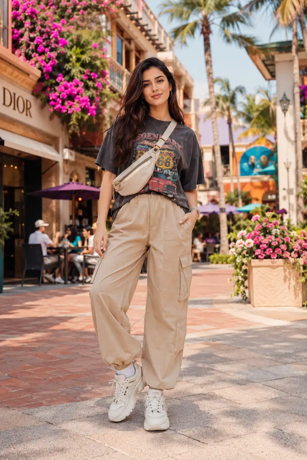 Fashionable woman wearing an oversized vintage graphic t-shirt, beige cargo pants, chunky sneakers, and a crossbody belt bag while walking through a vibrant outdoor shopping district filled with flowers and palm trees.