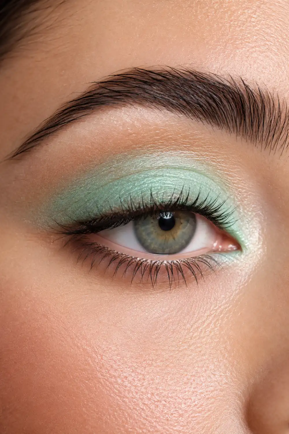 Pastel mint green eye makeup featuring soft green eyeshadow, luminous skin, delicate lashes, fresh beauty styling, and modern summer makeup inspiration with a clean aesthetic.