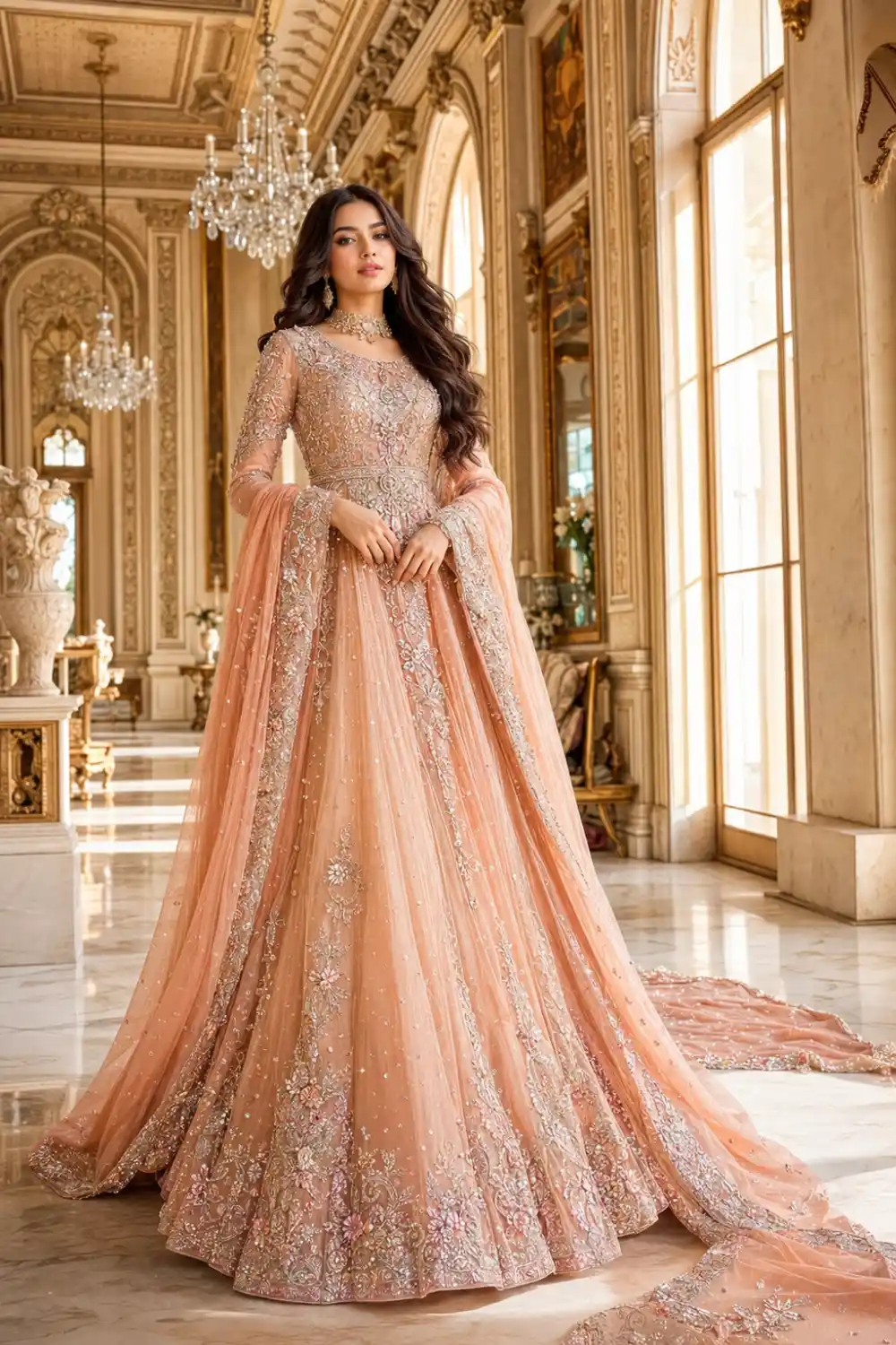 Peach champagne Pakistani fairytale maxi dress featuring delicate embroidery, crystal embellishments, floral motifs, and a flowing embellished dupatta. Elegant designer formal gown perfect for wedding receptions, engagement celebrations, festive occasions, and luxury Pakistani fashion styling.