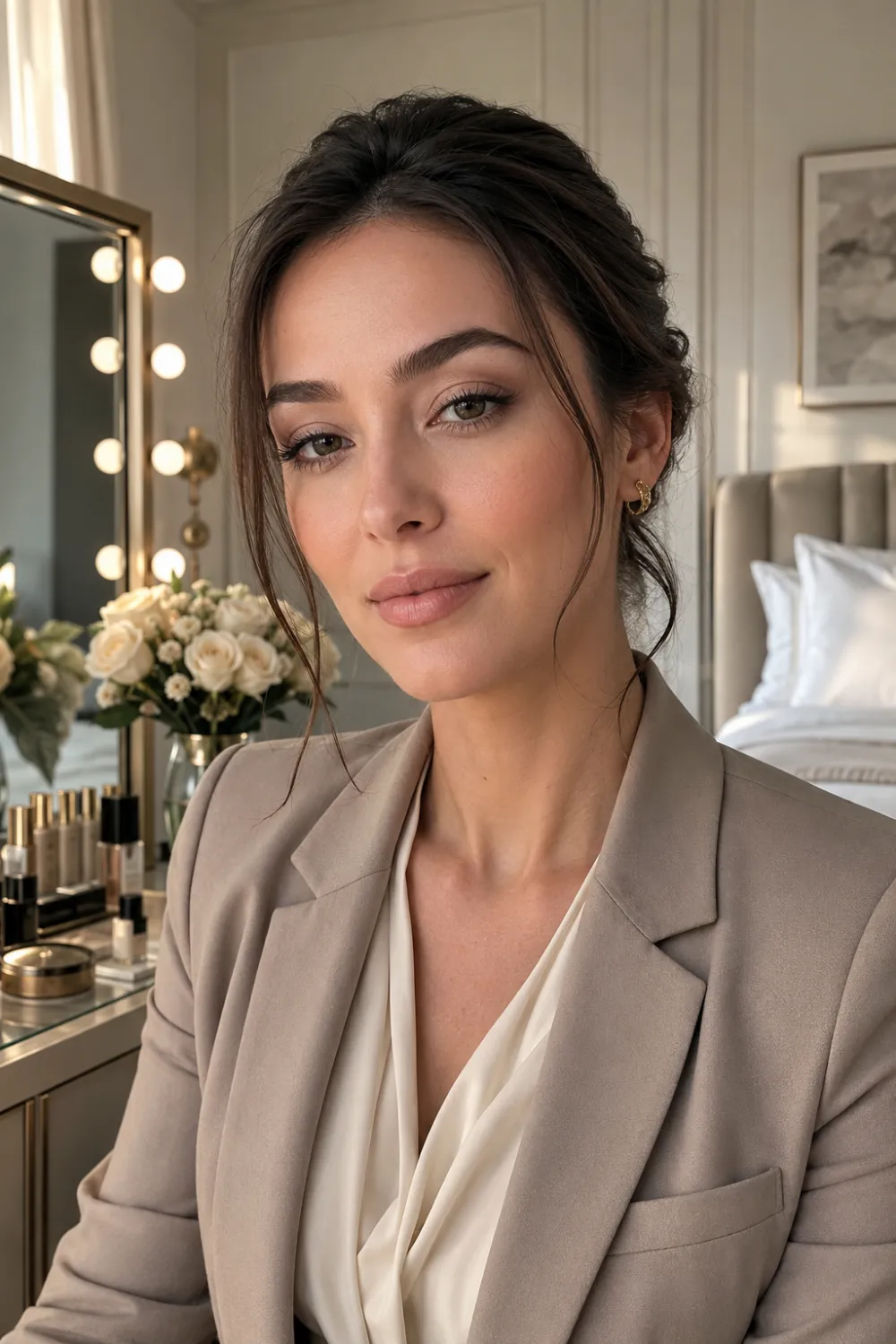 Professional woman wearing neutral beige makeup with taupe eyeshadow, natural skin finish, nude lips, and elegant beige blazer while sitting at a luxury vanity table in a sophisticated bedroom. Timeless office makeup inspiration for polished corporate beauty.