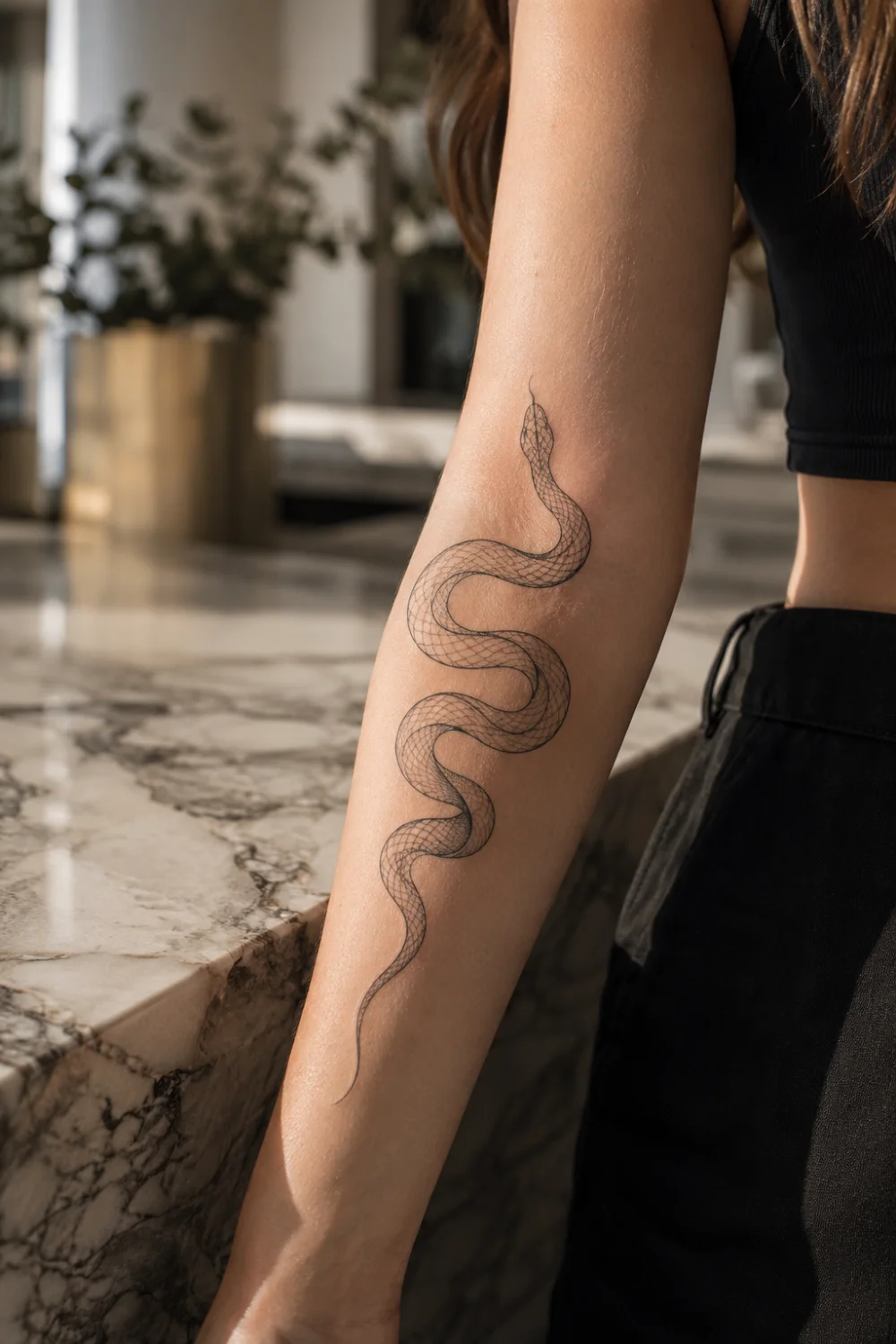 Snake outline tattoo on a woman's forearm featuring elegant fine line scales, minimalist serpent tattoo design, feminine black ink artwork, symbolic transformation tattoo, and modern aesthetic body art inspiration.