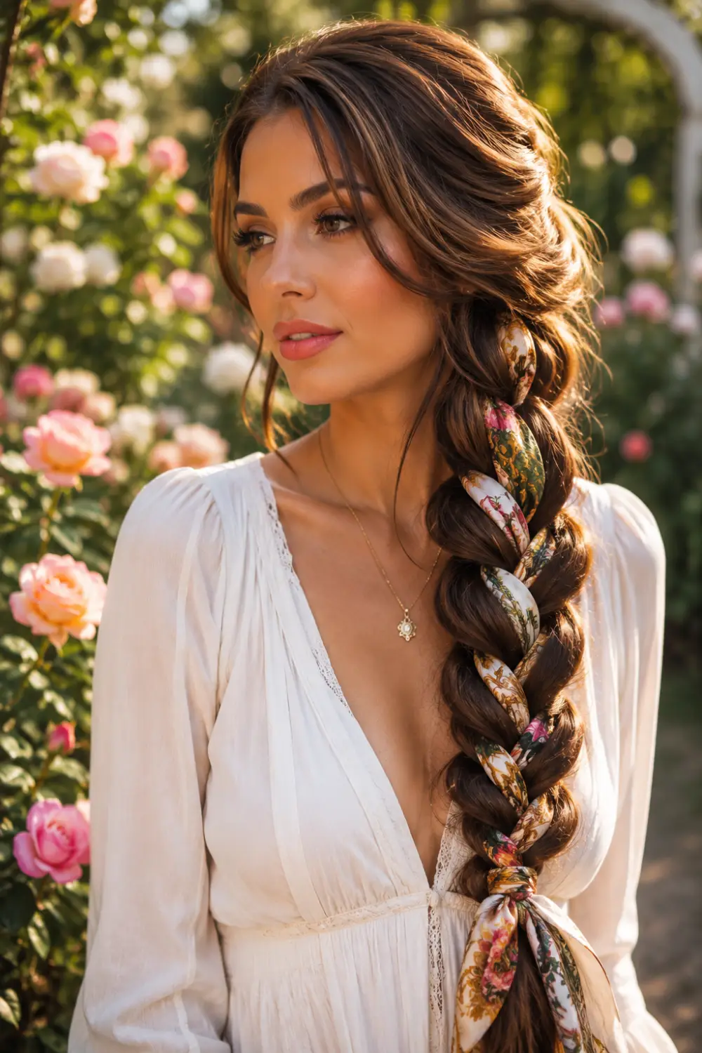 Side braid hairstyle woven with a floral patterned bandana, featuring thick braided hair, romantic details, and a beautiful garden backdrop filled with blooming roses.