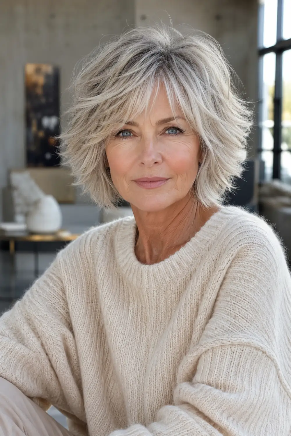 Shaggy layered bob haircut for older women with silver-blonde hair, textured layers, airy volume, messy-chic styling, and a youthful fuller-looking silhouette.