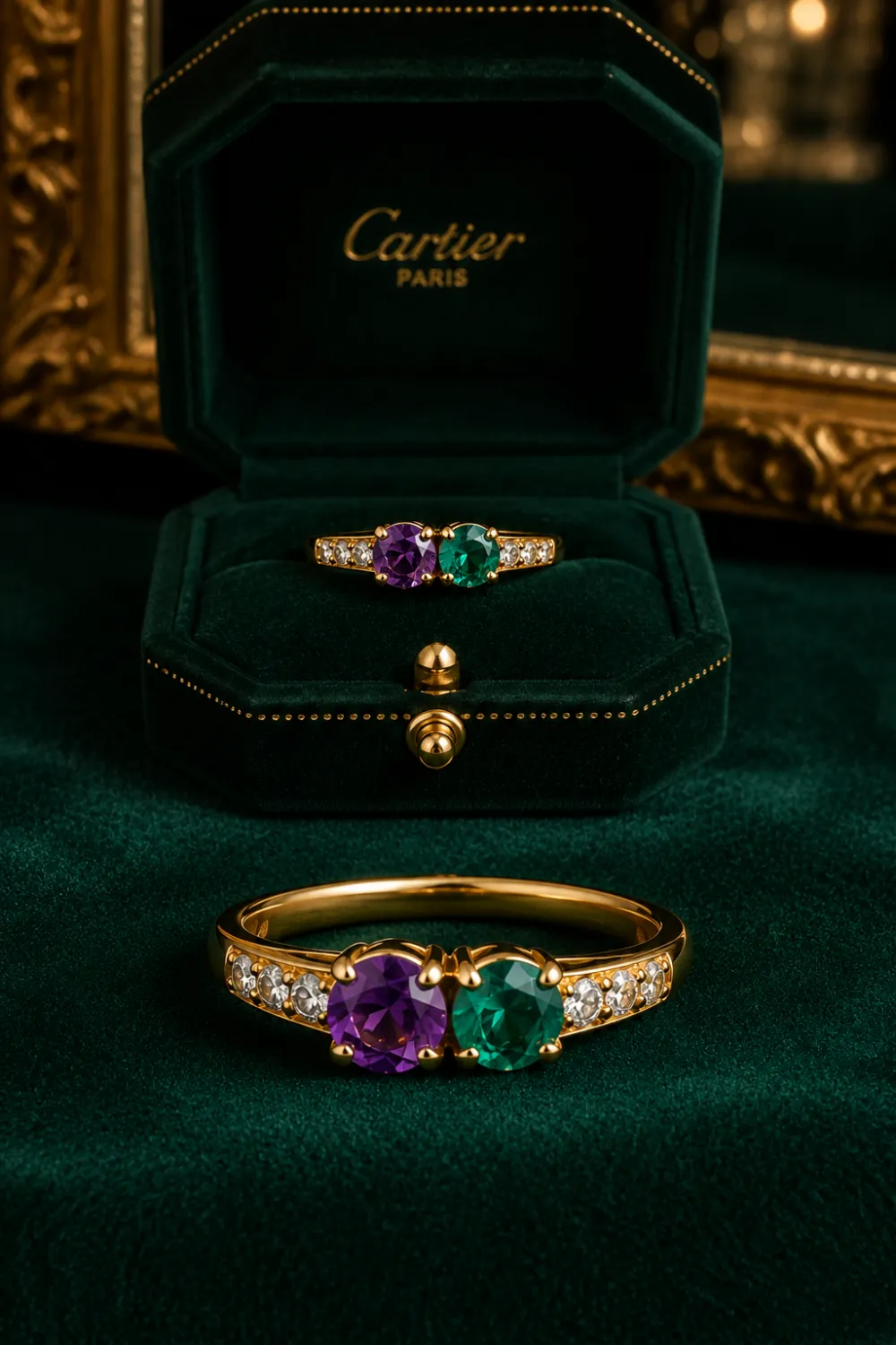 Birthstone couple ring featuring two colorful gemstones with diamond accents, polished gold band, luxury velvet ring box display, personalized engagement and anniversary jewelry inspiration.