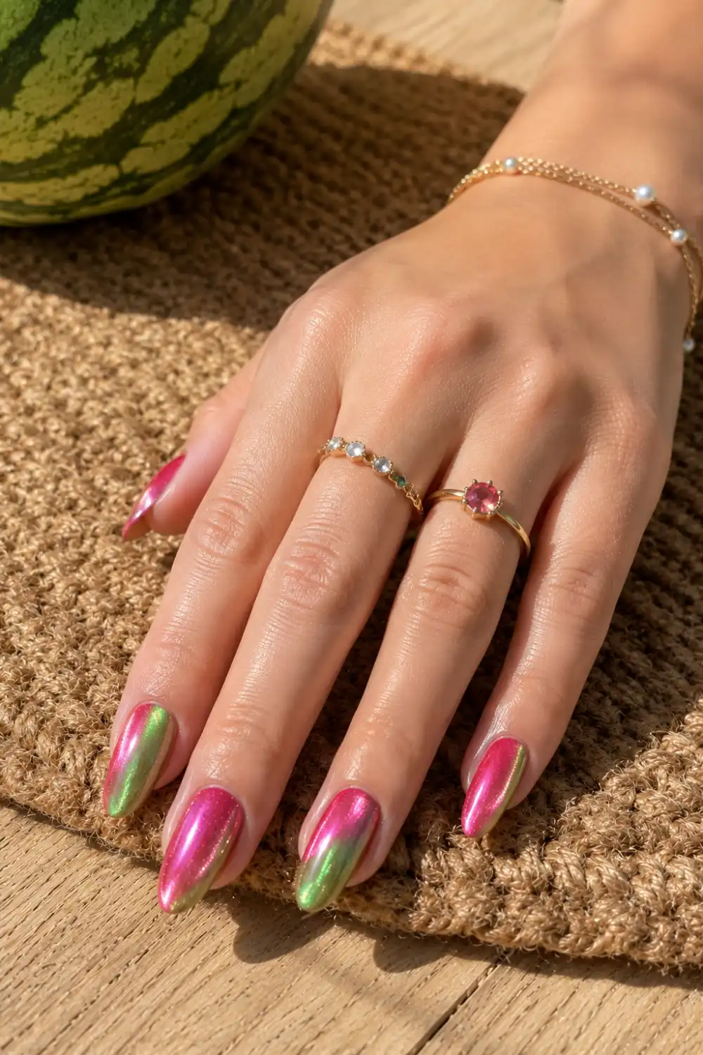 Watermelon-inspired cat eye nails featuring vibrant pink and green magnetic shimmer on almond-shaped nails, displayed on a feminine hand beside a watermelon in bright summer sunlight.