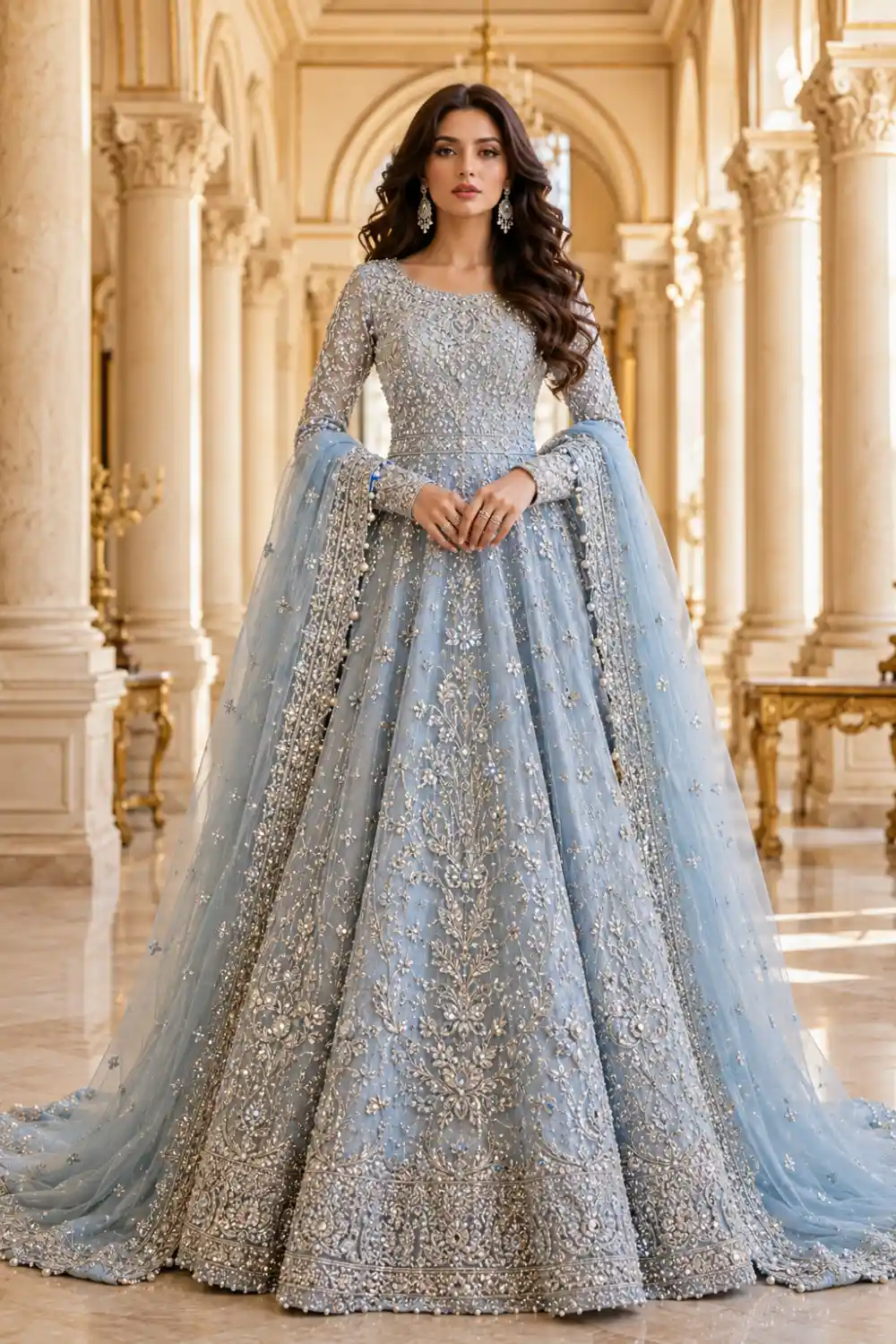 Powder blue Pakistani couture maxi dress featuring intricate silver embroidery, crystal accents, detailed beadwork, and a heavily embellished dupatta. Full-length designer formal gown ideal for wedding receptions, engagement ceremonies, and luxury Pakistani party wear fashion.