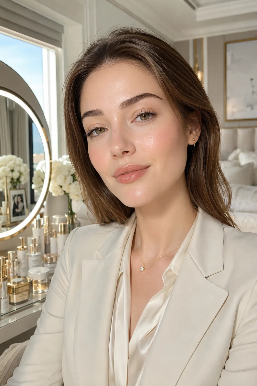 Beautiful woman wearing subtle definition makeup with softly sculpted features, natural brows, neutral lips, lightweight complexion products, and elegant professional attire while sitting at a luxury vanity in a bright bedroom. Sophisticated office beauty inspiration for women.