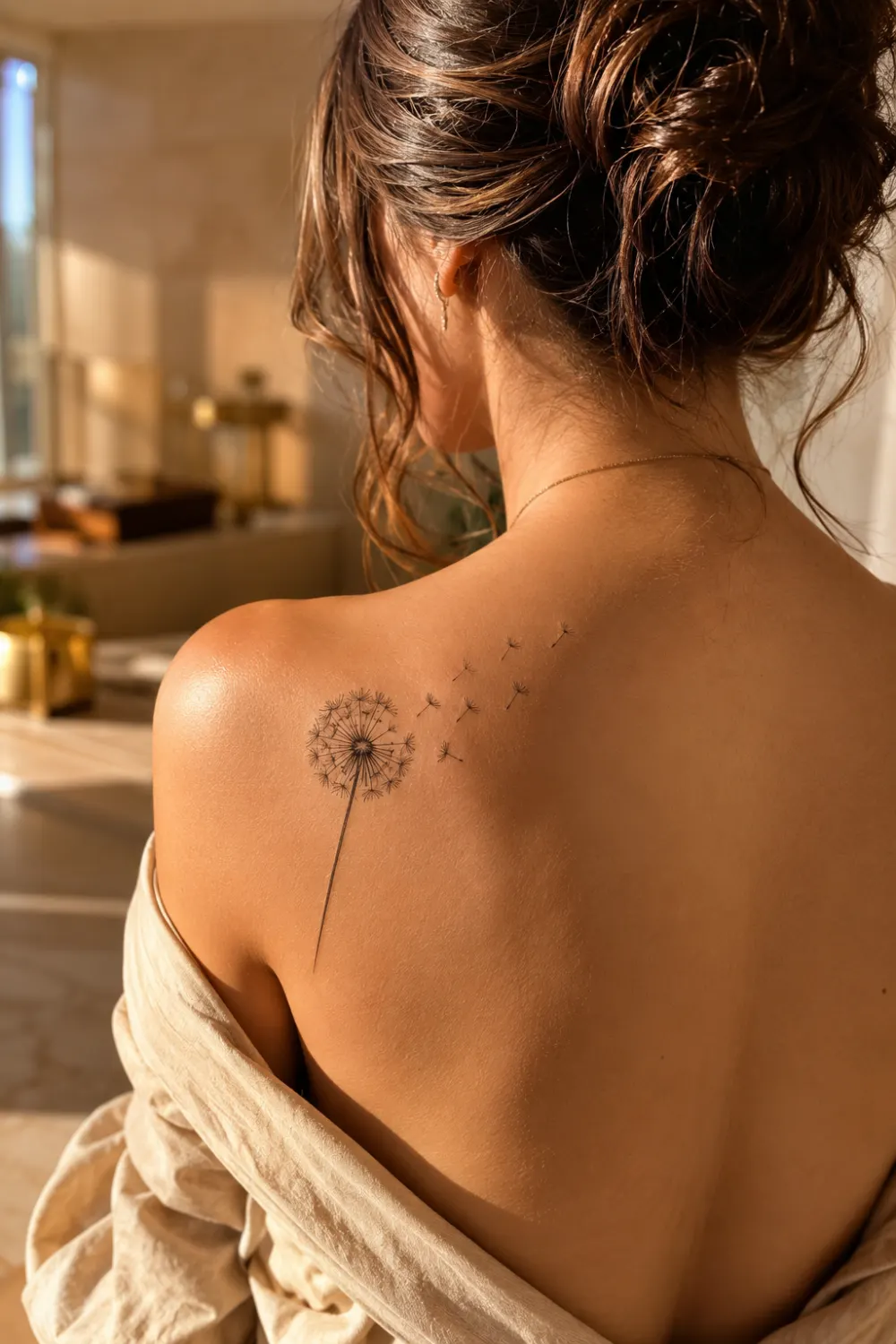 Dandelion tattoo with floating seeds on a woman's shoulder blade featuring delicate fine line botanical artwork, feminine tattoo inspiration, symbolic freedom tattoo design, and elegant black ink body art.