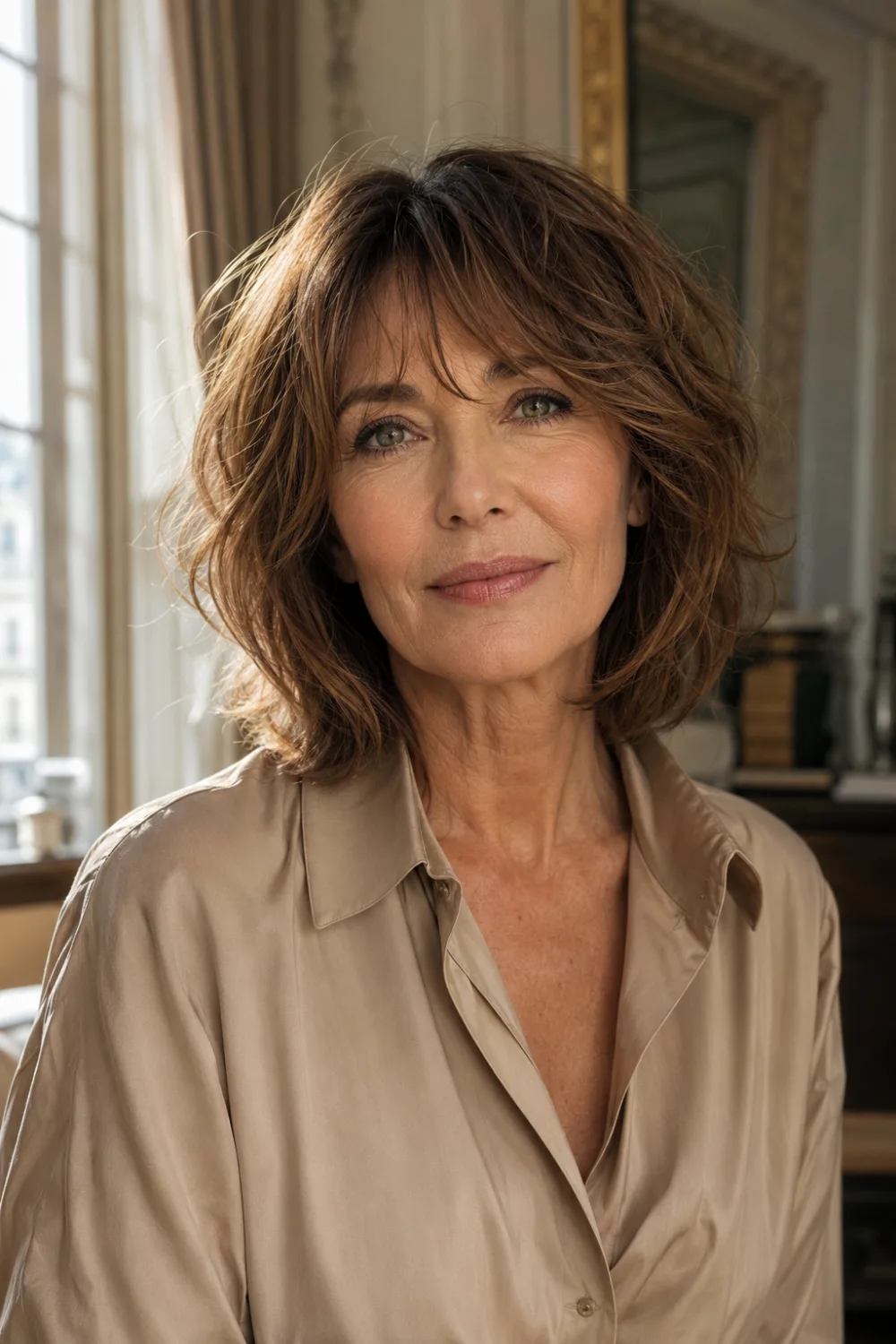 Layered bob with curtain bangs for older women featuring brunette hair, soft face-framing layers, airy movement, and natural volume for a stylish modern haircut.