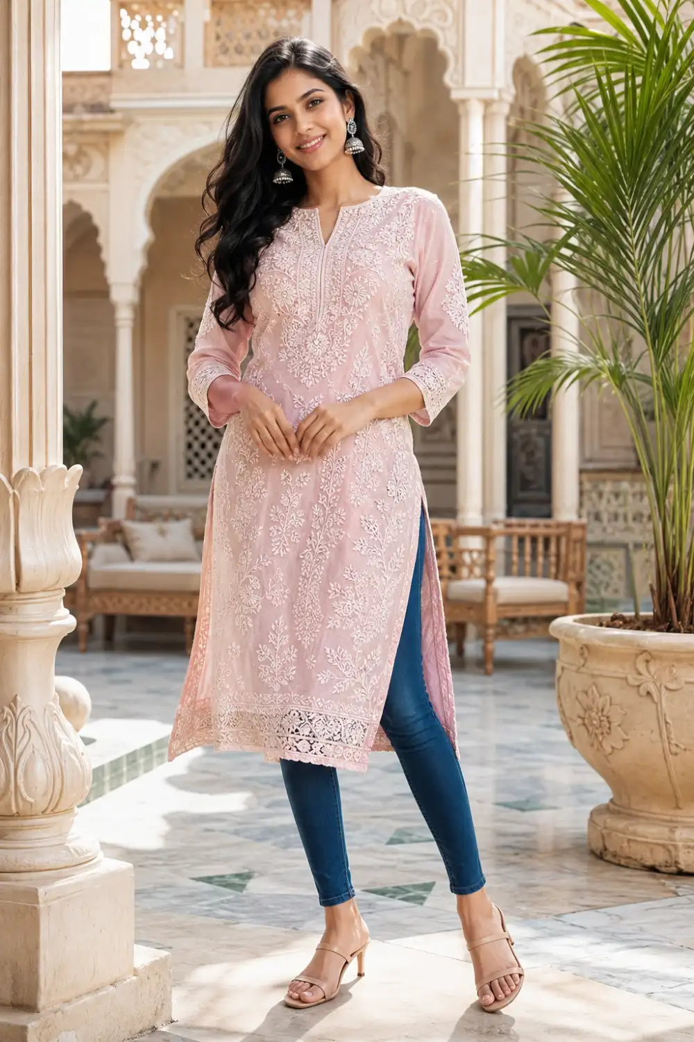 Elegant Indian woman wearing a pastel pink chikankari embroidered kurti with fitted blue jeans and nude heels, standing in a heritage-inspired courtyard, beautiful Indo-western fashion outfit.