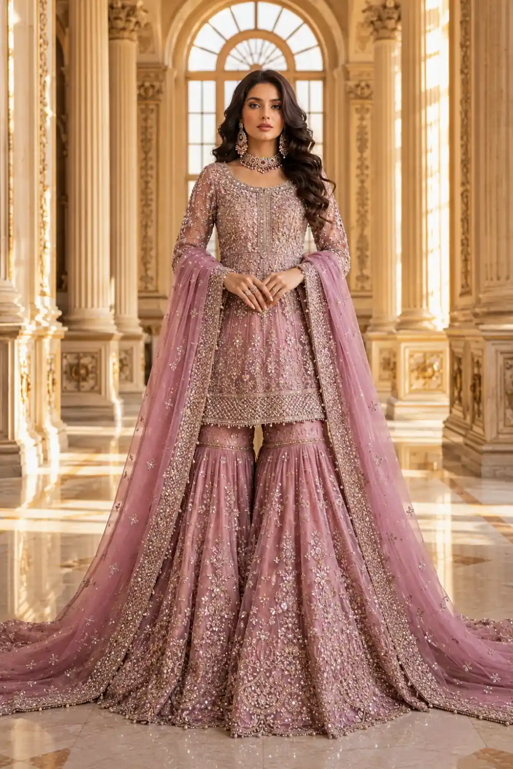 Orchid pink Pakistani luxury sharara featuring a heavily embellished short shirt, flared sharara pants, crystal accents, intricate embroidery, and an embroidered dupatta. Designer traditional party wear outfit perfect for weddings, engagement celebrations, festive occasions, and Pakistani fashion inspiration.