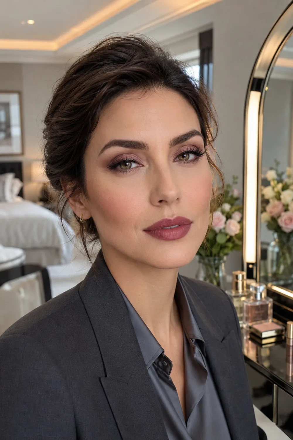 Professional woman wearing sophisticated mauve makeup with deeper mauve lips, softly blended eyeshadow, elegant complexion makeup, and charcoal business attire while seated at a luxury vanity table in a stylish bedroom. Executive office makeup inspiration for women.