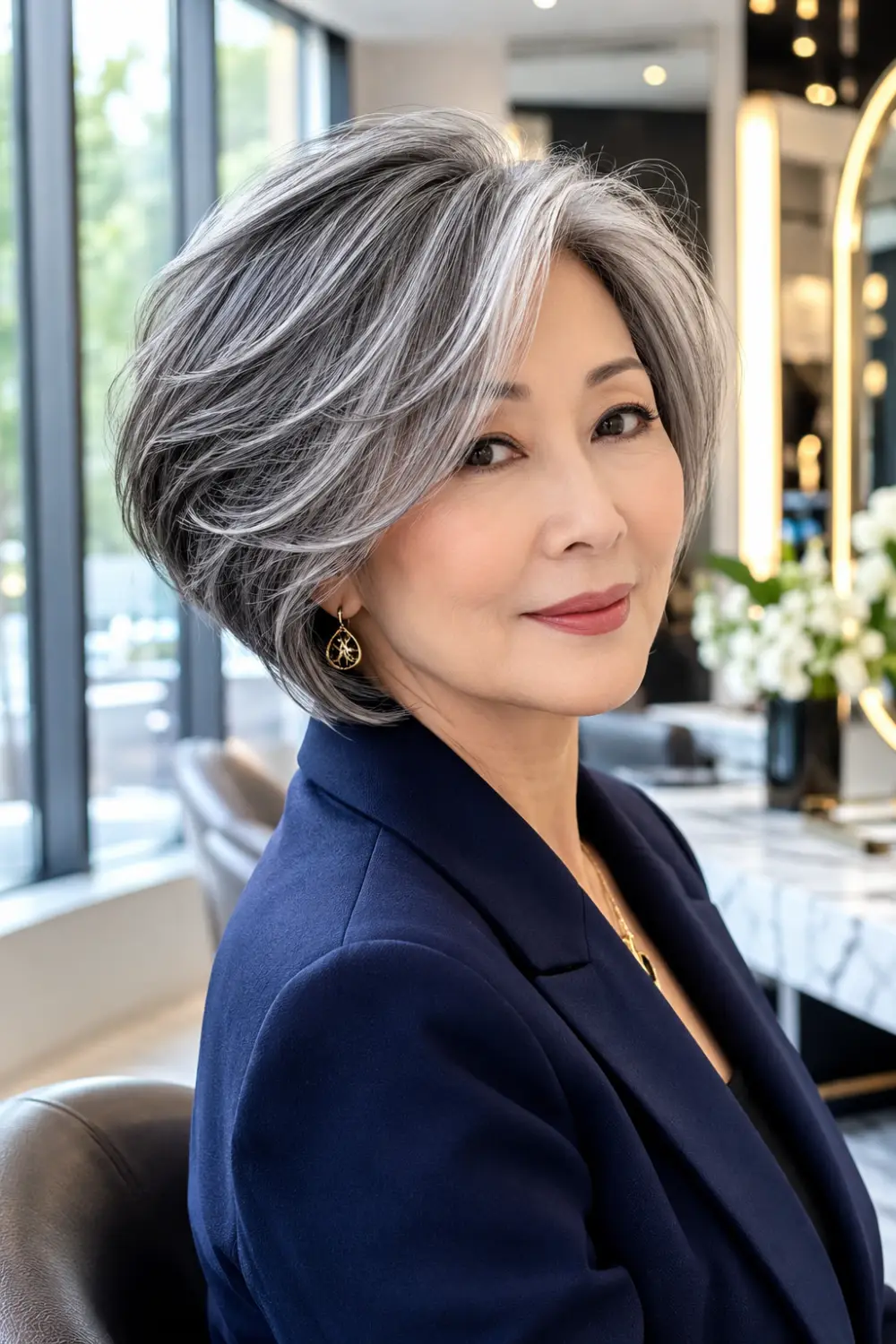 Sleek layered bob hairstyle for older women with silver-gray hair, smooth styling, subtle layers, polished finish, and elegant volume for a refined appearance.