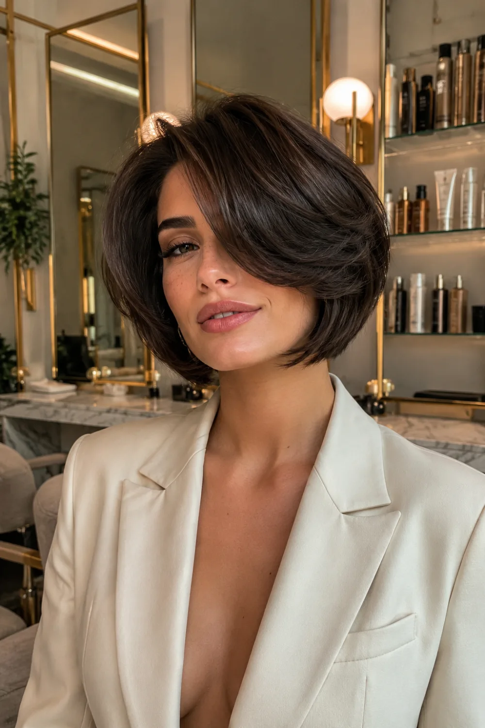 Woman with a Side Swept Luxe Bixie haircut featuring dramatic side swept layers, rich brunette hair, polished volume, and an elegant salon finish, representing a top Summer 2026 hairstyle trend.