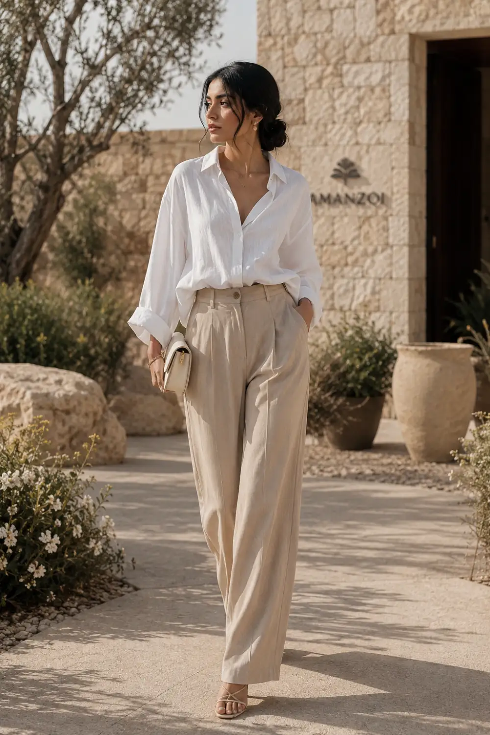 Fashionable woman wearing an oversized white linen shirt with high waisted beige trousers and strappy sandals in a luxury outdoor setting. Minimalist oversized outfit featuring timeless neutral fashion and chic summer styling.