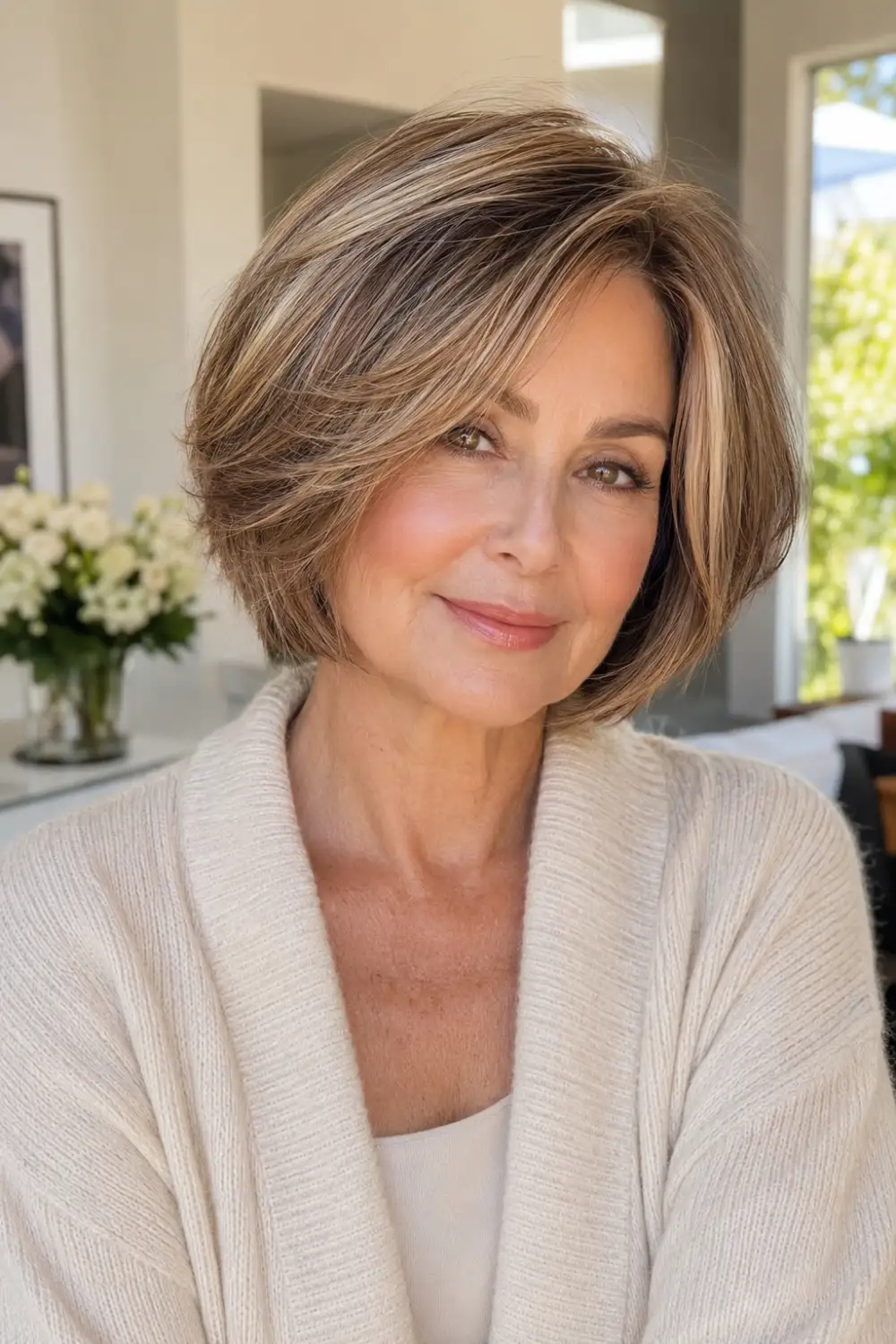 Soft layered bob haircut with highlights for older women featuring brunette and caramel tones, face-framing layers, dimensional color, and natural fullness throughout the style.
