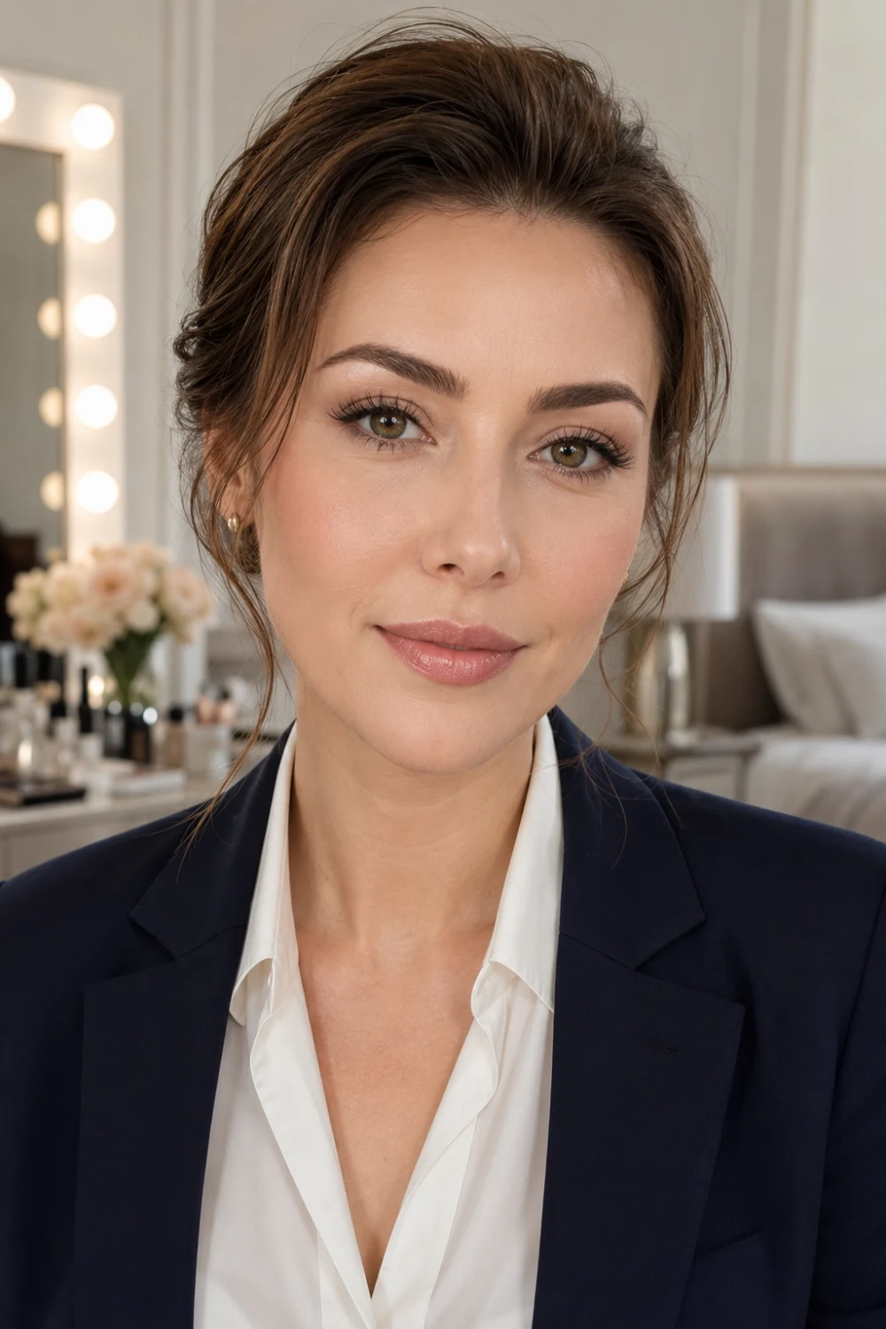 Professional woman wearing timeless everyday makeup with natural skin, soft eye definition, neutral pink lips, and classic navy business blazer while sitting at a luxury vanity table in a modern bedroom. Elegant office makeup inspiration for daily professional wear.