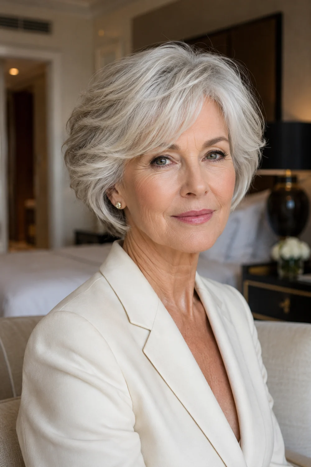 Short layered bob hairstyle for older women with silver hair, lifted crown, lightweight layers, soft texture, and a chic voluminous shape for fuller-looking hair.