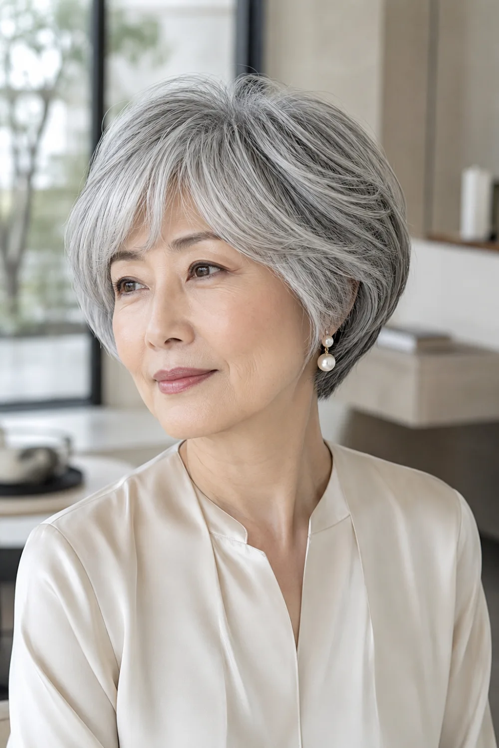 Layered silver bob with side-swept bangs for older women featuring soft volume, blended layers, elegant shape, and youthful face-framing details for fuller-looking hair.
