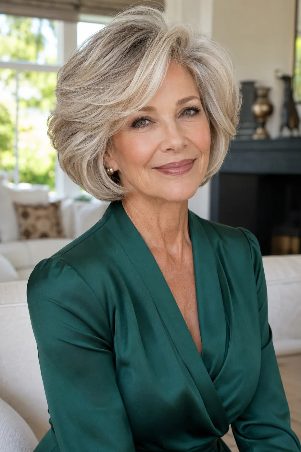 Voluminous feathered layered bob hairstyle for older women with silver-blonde hair, side-swept layers, lifted crown, soft texture, and a full-bodied elegant finish.