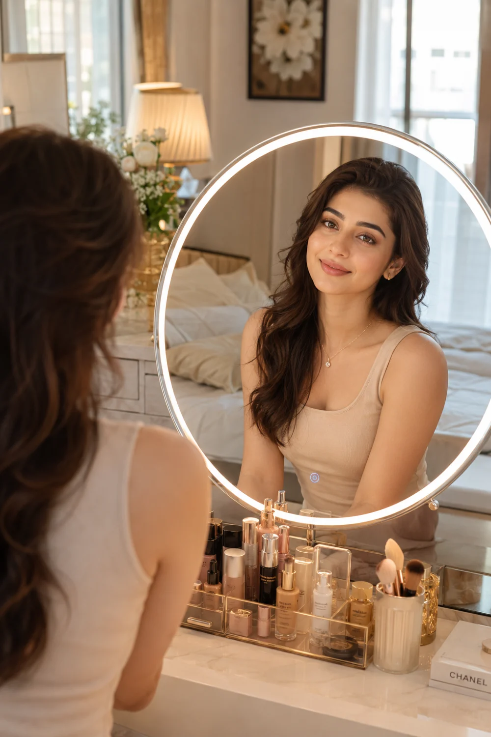 Beautiful woman creating a fresh dewy makeup look while sitting at a luxury dressing table with illuminated mirror in a stylish bedroom. Glowing skin, soft blush, natural eye makeup, glossy nude lips, and healthy radiant complexion make this an ideal office makeup inspiration for modern professional women.