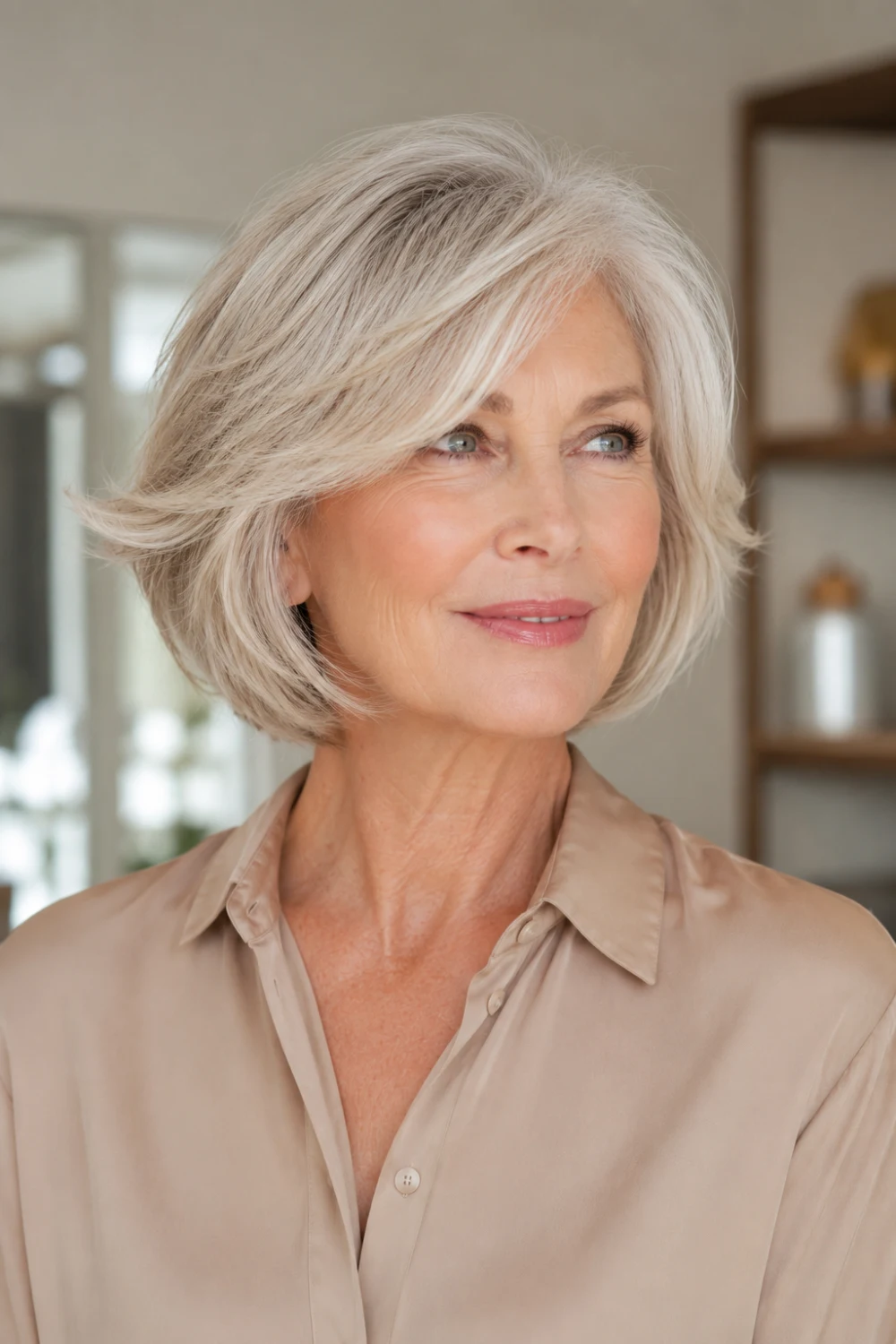 Feathered layered bob haircut for older women with bright silver hair, airy feathered layers, soft side-swept styling, lightweight texture, and voluminous shape that makes fine hair appear thicker and fuller.