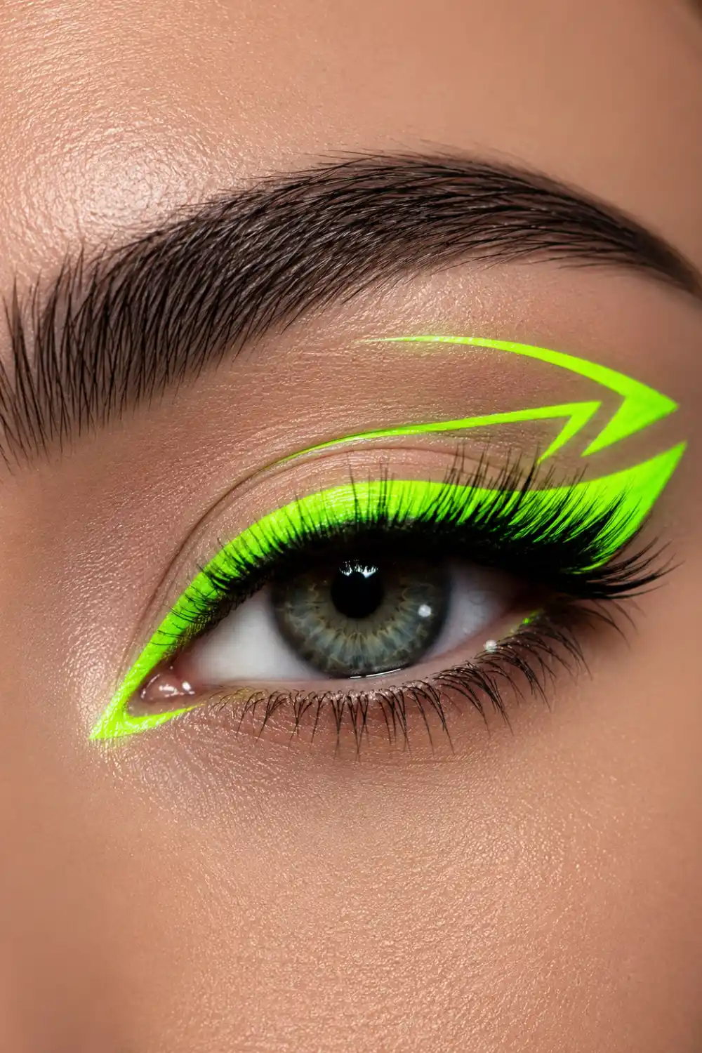 Modern neon green graphic eyeliner makeup featuring bold geometric liner shapes, bright fluorescent green accents, nude eyelid base, dramatic lashes, flawless skin, and artistic eye makeup design perfect for festivals, creative beauty looks, and trending makeup inspiration.