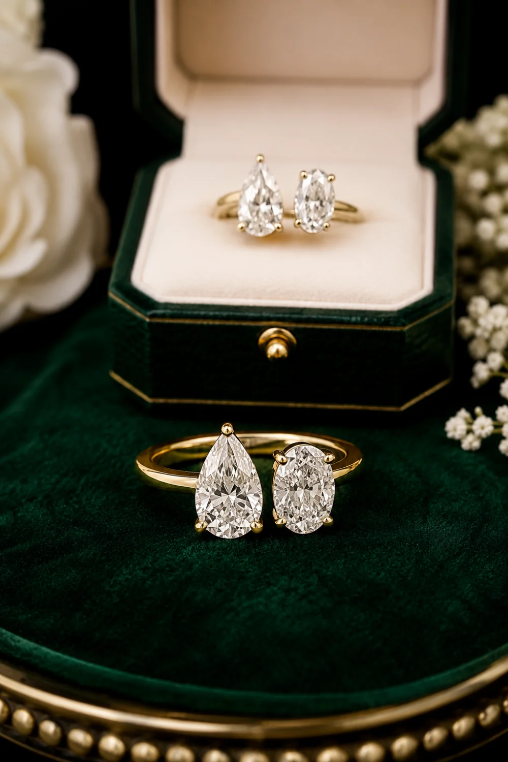Elegant Toi et Moi engagement ring featuring pear-cut and oval-cut diamonds, polished yellow gold setting, luxury velvet jewelry box, romantic two-stone ring design, modern bridal jewelry inspiration for engagements and weddings.