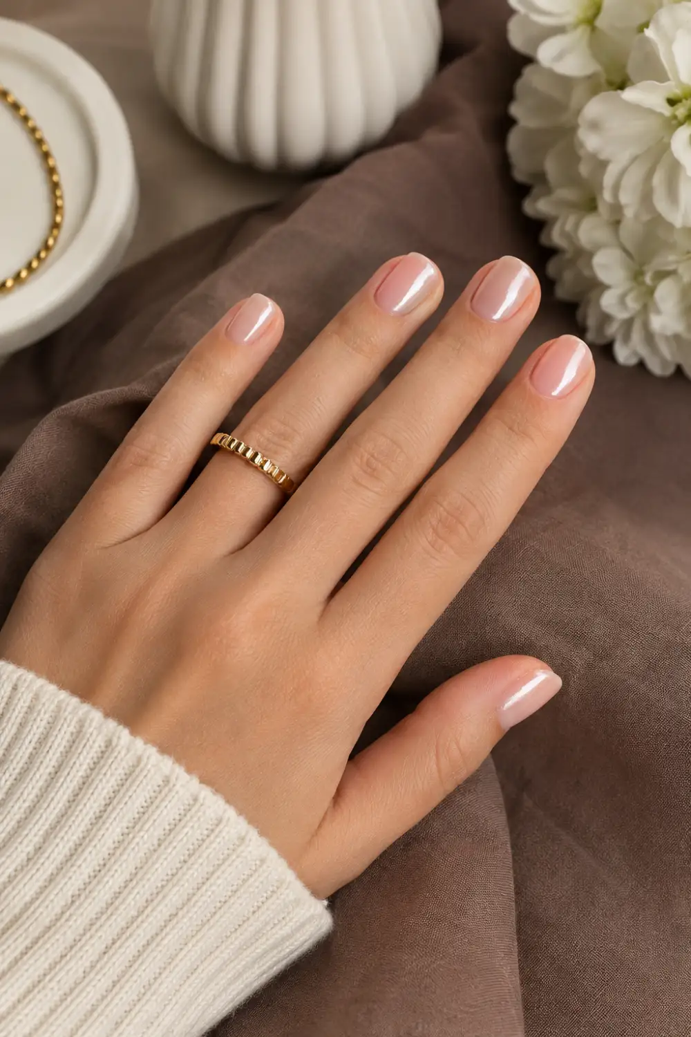 Pink glazed donut nails with glossy pearl chrome finish on short natural nails, feminine blush pink manicure inspiration with luxury beauty styling and soft neutral aesthetic