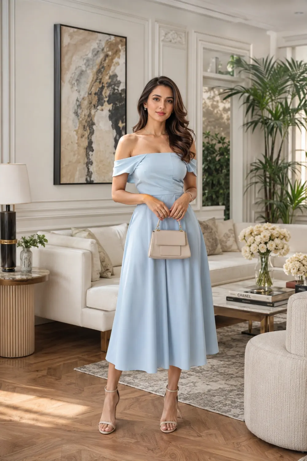 Woman wearing a powder blue off shoulder midi dress with nude heels and a structured handbag, posing in a luxurious living room with modern furniture and cream wall panels, elegant summer date night dress inspiration for women.