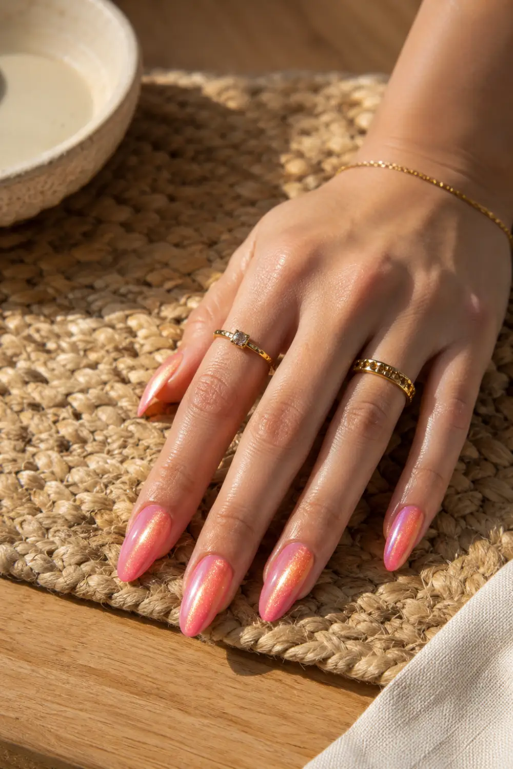 Beautiful pink sunset cat eye nails with peachy-gold magnetic reflections on almond-shaped nails, displayed on a feminine hand with gold rings resting on a woven brown rug in warm natural sunlight.