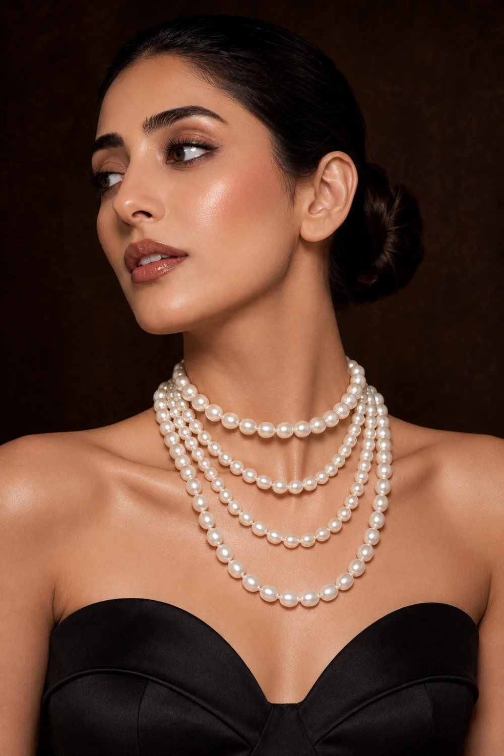 Woman wearing layered pearl choker necklaces featuring multiple strands of freshwater pearls styled with a black strapless dress and elegant luxury fashion look.