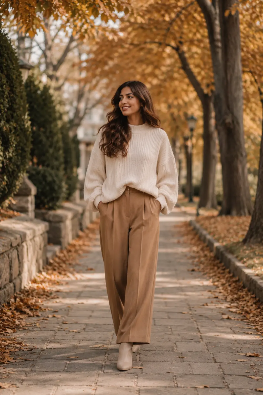 Fashionable woman wearing an oversized cream knit sweater with camel wide leg trousers and ankle boots while walking along a beautiful autumn pathway. Cozy oversized sweater outfit featuring neutral colors, fall fashion inspiration, and effortless everyday style for girls.