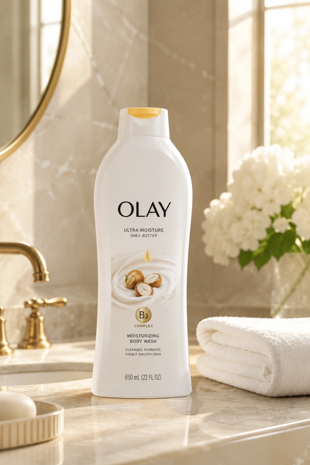 Olay Ultra Moisture Body Wash bottle standing on a luxurious marble vanity with golden bathroom fixtures, fresh white flowers, soft sunlight, and premium spa-inspired décor, showcasing a moisturizing body wash for soft and radiant skin.