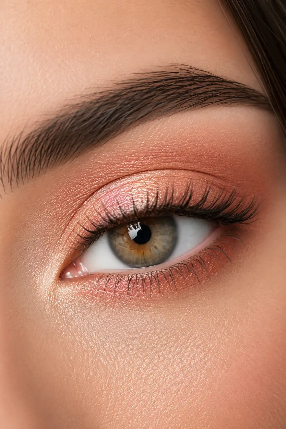 Ultra-realistic rose gold eye makeup featuring metallic rose gold shimmer, soft pink transition shades, voluminous lashes, luminous skin, and elegant summer beauty styling that creates a romantic and glamorous makeup look.