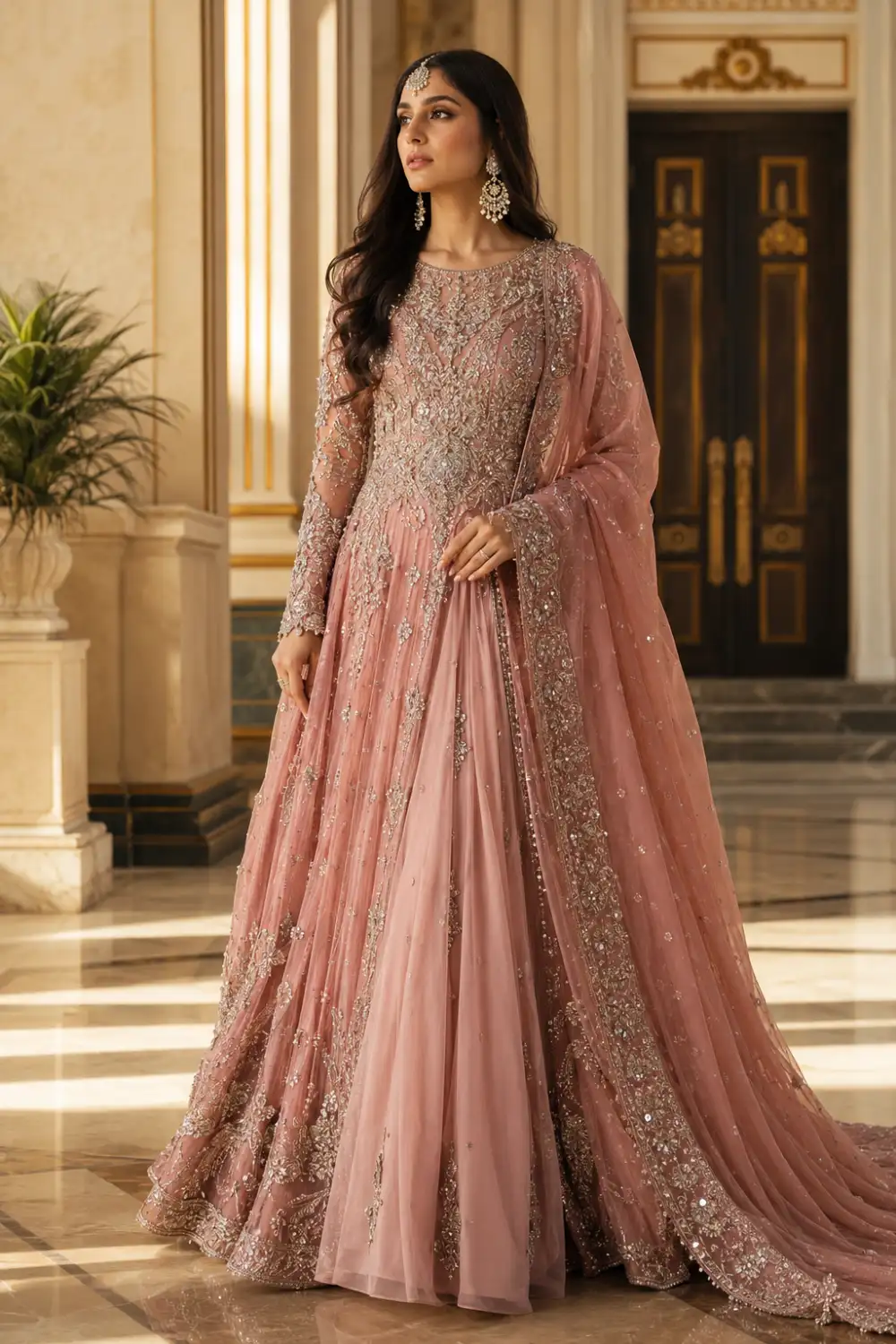 Dusty rose pink Pakistani princess maxi dress with silver embroidery, crystal embellishments, delicate beadwork, and a flowing floor-length silhouette. Beautiful designer party wear outfit with an embellished dupatta, ideal for engagement ceremonies, wedding receptions, formal dinners, and modern Pakistani fashion inspiration.