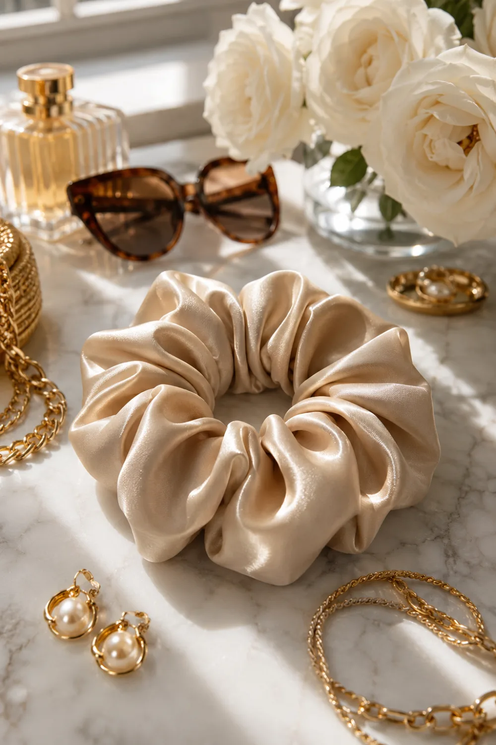 Premium champagne beige Mulberry silk scrunchie displayed on a luxury marble vanity surrounded by gold jewelry, designer sunglasses, perfume bottles, and fresh white roses. The smooth silk fabric features a glossy finish that enhances elegant ponytails and sophisticated hairstyles. Beautiful luxury hair accessory for everyday fashion, bridal styling, and polished modern looks.