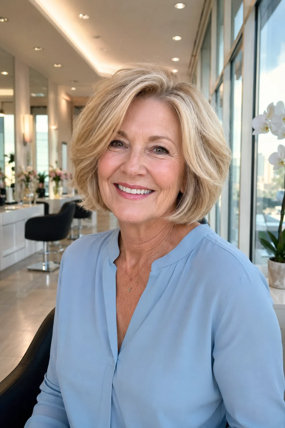 Classic layered bob hairstyle for older women with warm blonde hair, soft volume, face-framing layers, rounded shape, and natural movement for a fuller-looking haircut.