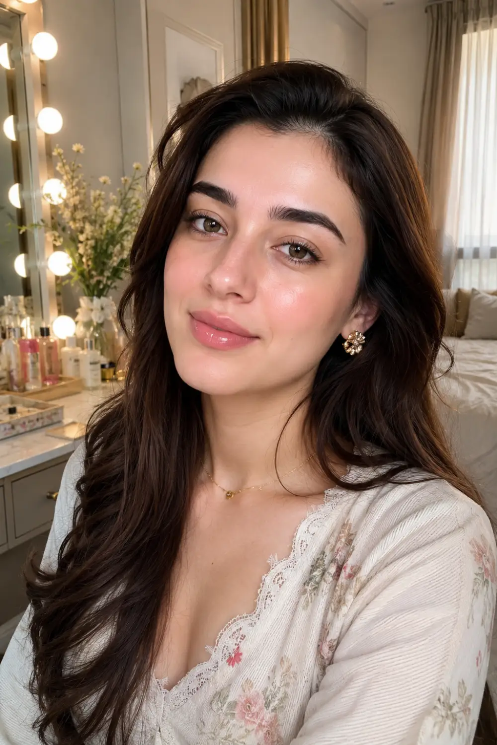 Beautiful woman wearing rosy office makeup with soft pink blush, naturally glowing skin, subtle eye makeup, rosy nude lipstick, and long wavy hair while seated at a sophisticated vanity in a luxury bedroom. Elegant work makeup inspiration for women seeking a polished and feminine professional appearance.