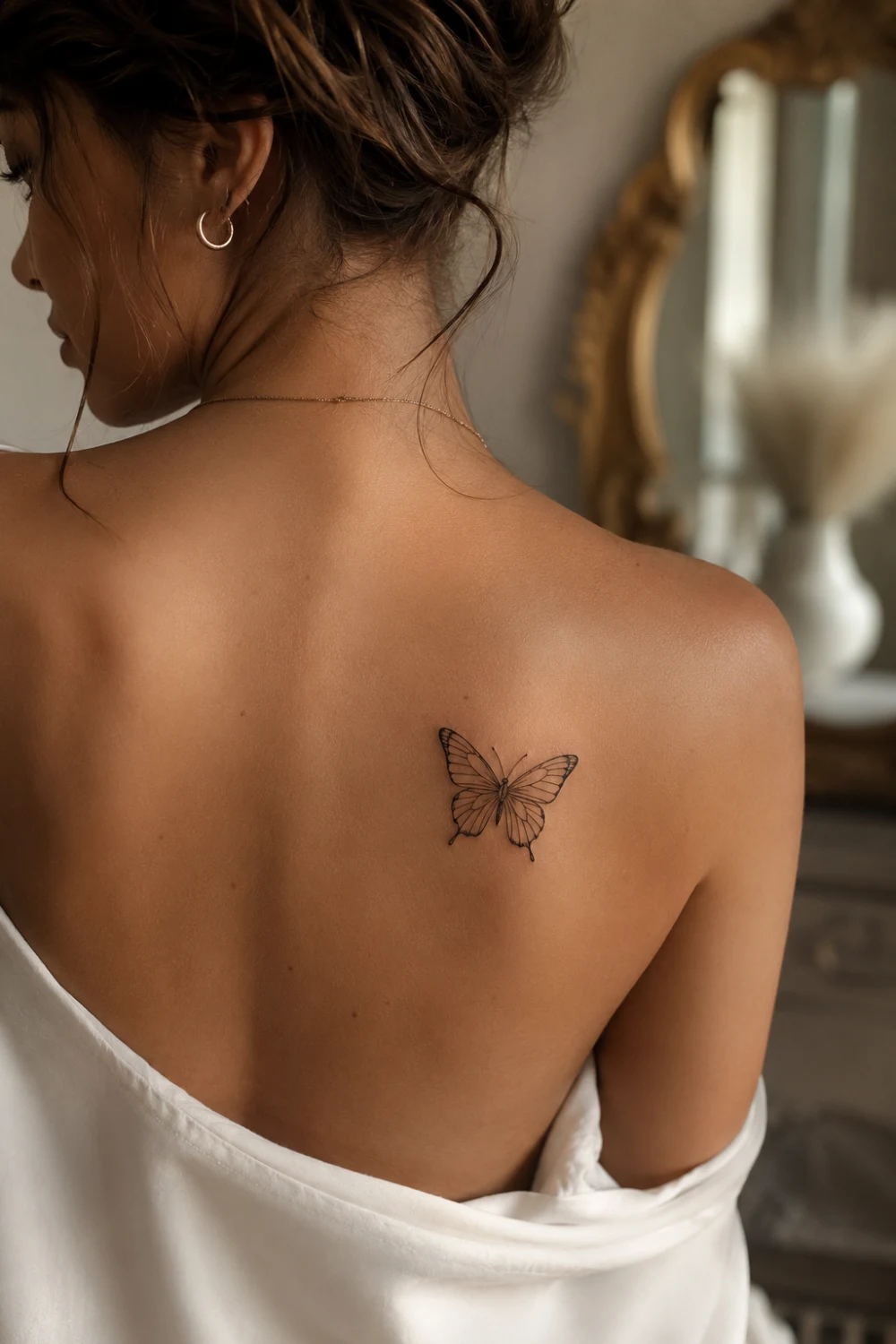 Beautiful butterfly outline tattoo on a woman's shoulder blade featuring delicate fine line wings, feminine tattoo inspiration, minimalist butterfly design, elegant black ink artwork, and trendy aesthetic body art.