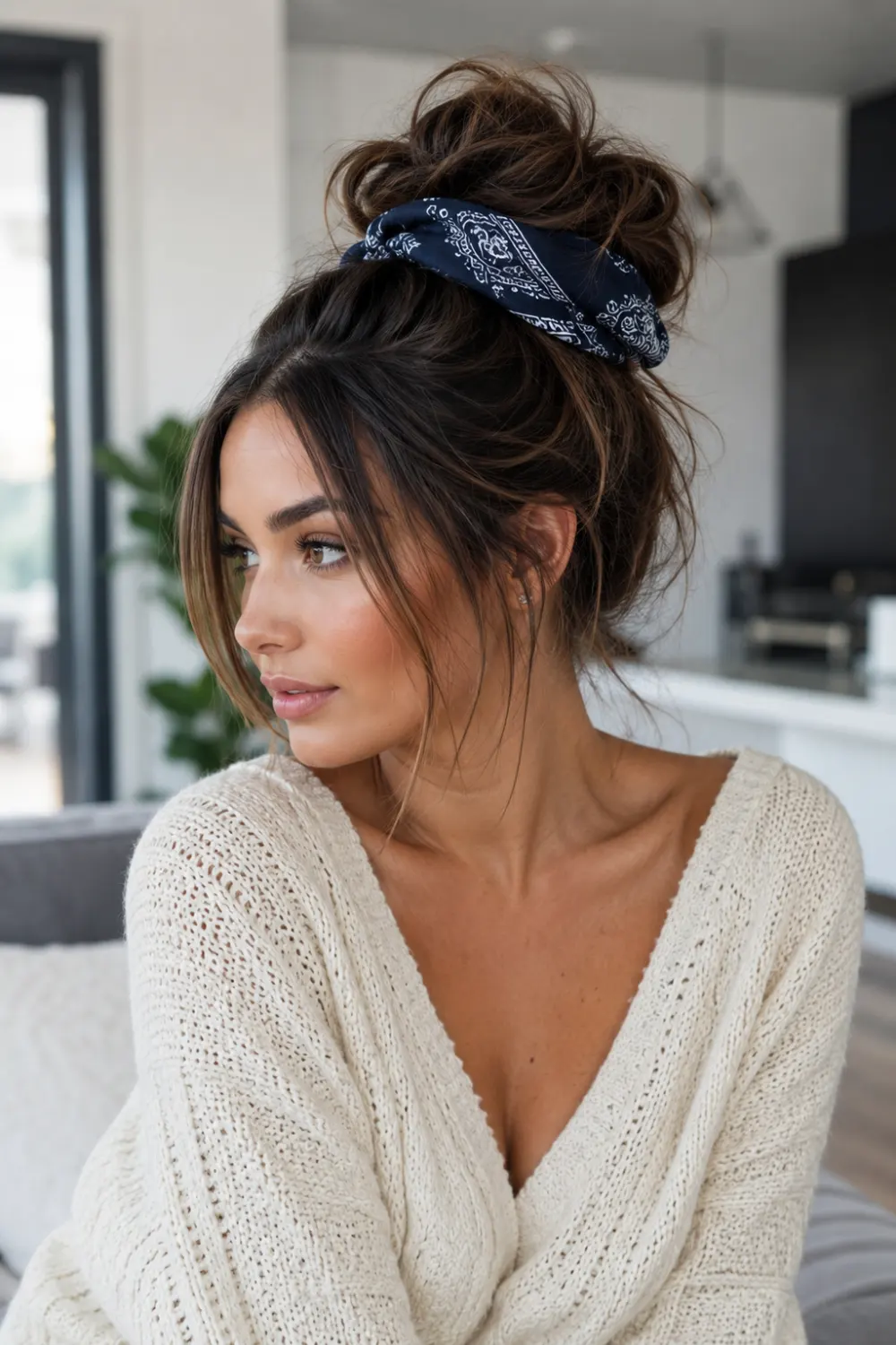 Elegant messy bun hairstyle wrapped with a navy bandana, featuring soft face-framing strands, voluminous texture, and a cozy casual-chic aesthetic perfect for everyday fashion inspiration.
