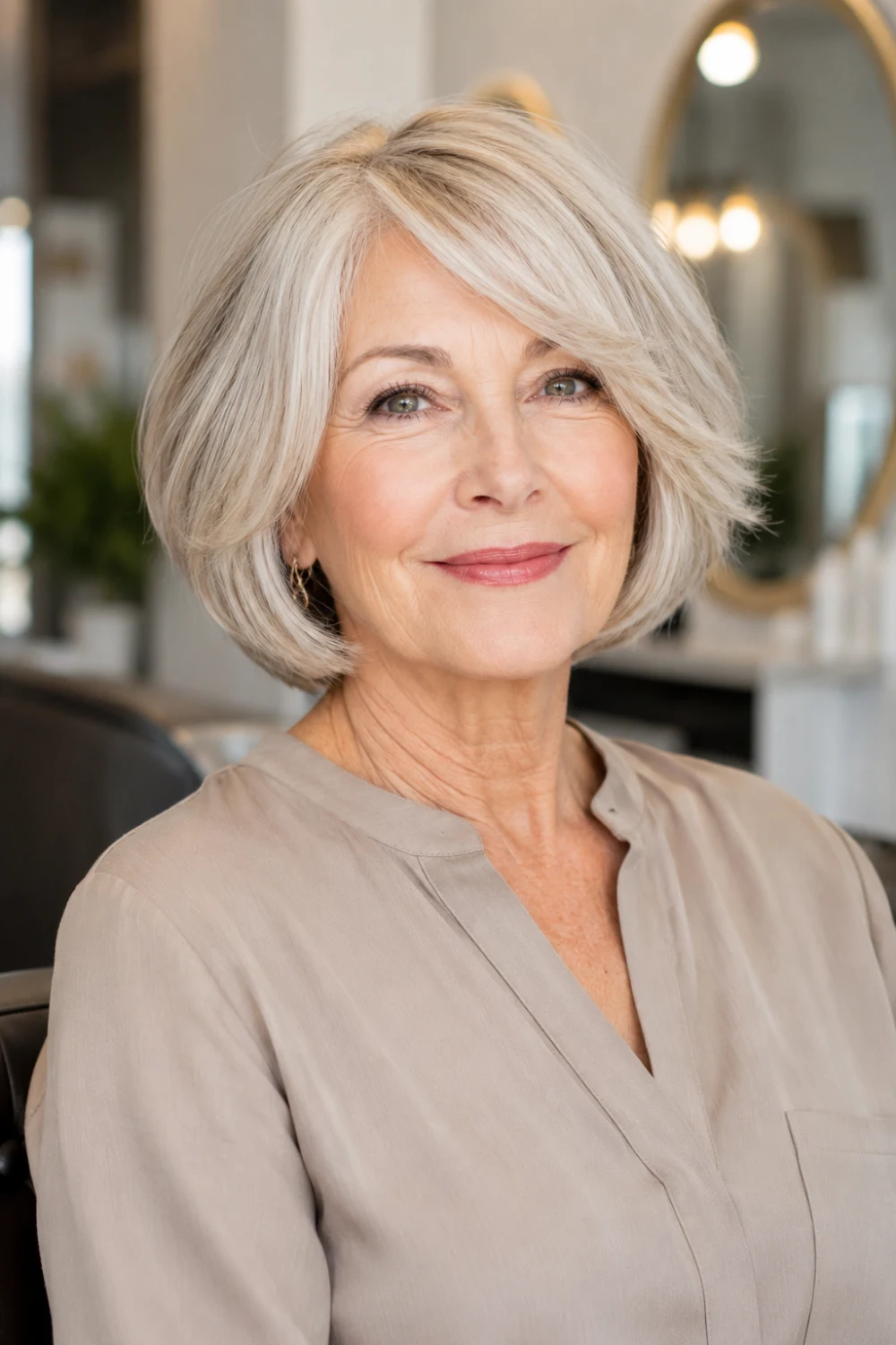 Rounded layered bob hairstyle for older women with silver-blonde hair, soft volume at the crown, smooth face-framing layers, elegant shape, and a polished finish for fuller-looking hair.